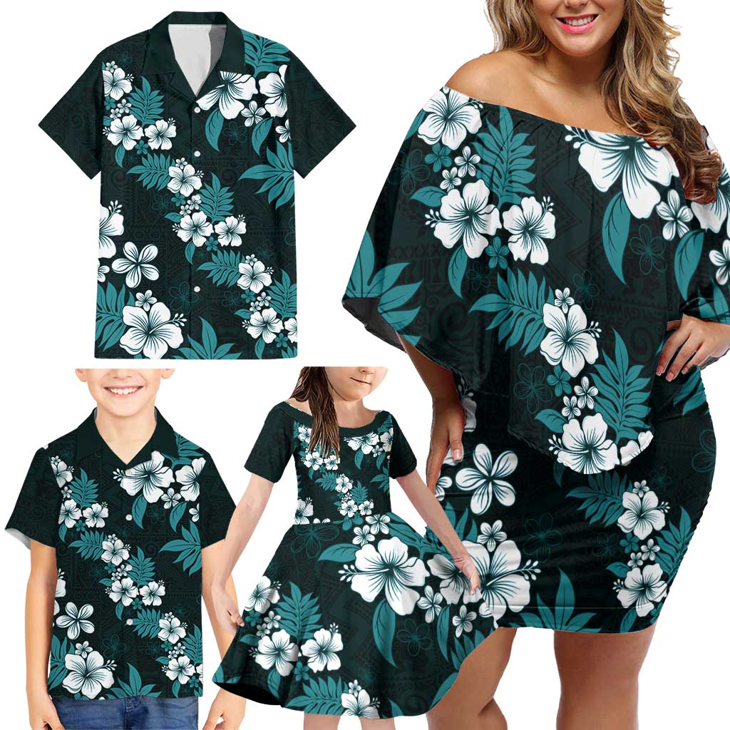 Hawaiian Hibiscus Tribal Floral Teal Family Matching Off Shoulder Short Dress and Hawaiian Shirt Polynesian Tapa Pattern LT01 - Polynesian Pride