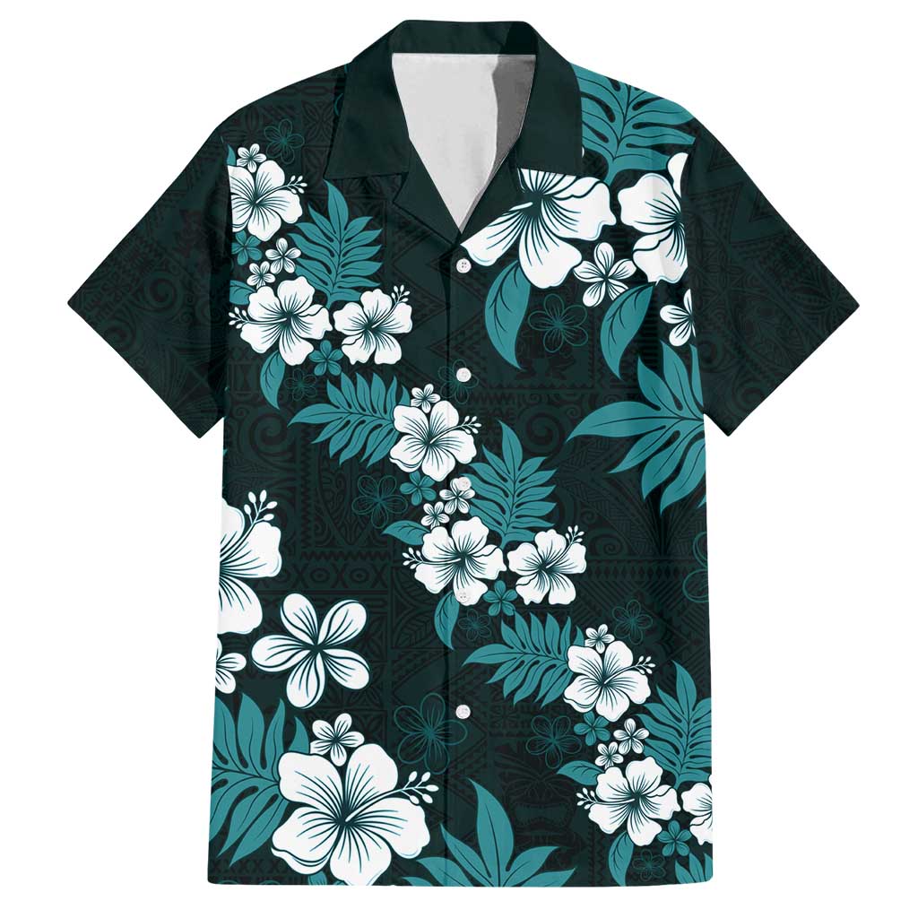 Hawaiian Hibiscus Tribal Floral Teal Family Matching Off Shoulder Short Dress and Hawaiian Shirt Polynesian Tapa Pattern LT01 Dad's Shirt - Short Sleeve Teal - Polynesian Pride