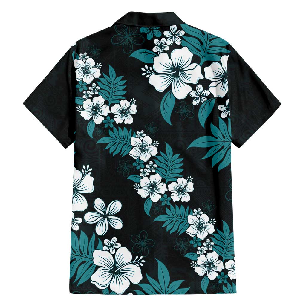 Hawaiian Hibiscus Tribal Floral Teal Family Matching Off Shoulder Short Dress and Hawaiian Shirt Polynesian Tapa Pattern LT01 - Polynesian Pride