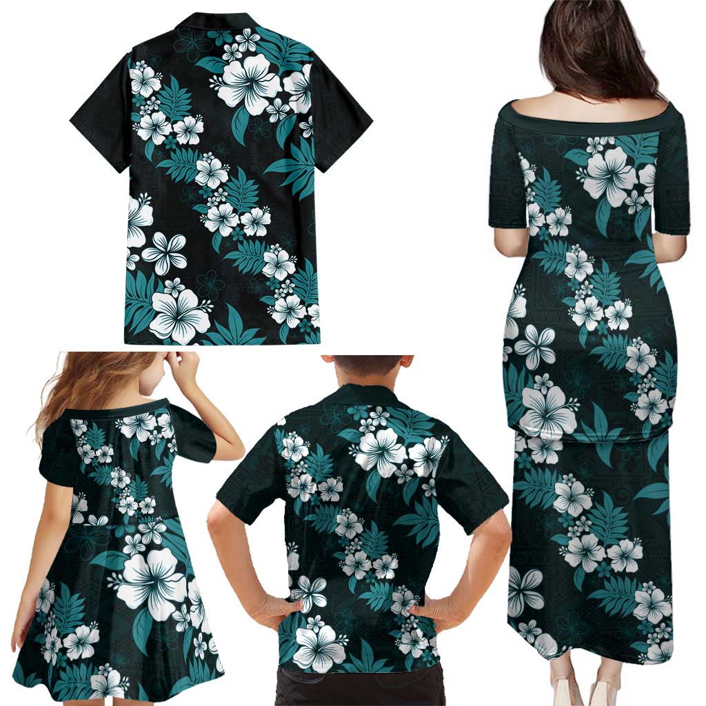 Hawaiian Hibiscus Tribal Floral Teal Family Matching Puletasi and Hawaiian Shirt Polynesian Tapa Pattern LT01 - Polynesian Pride