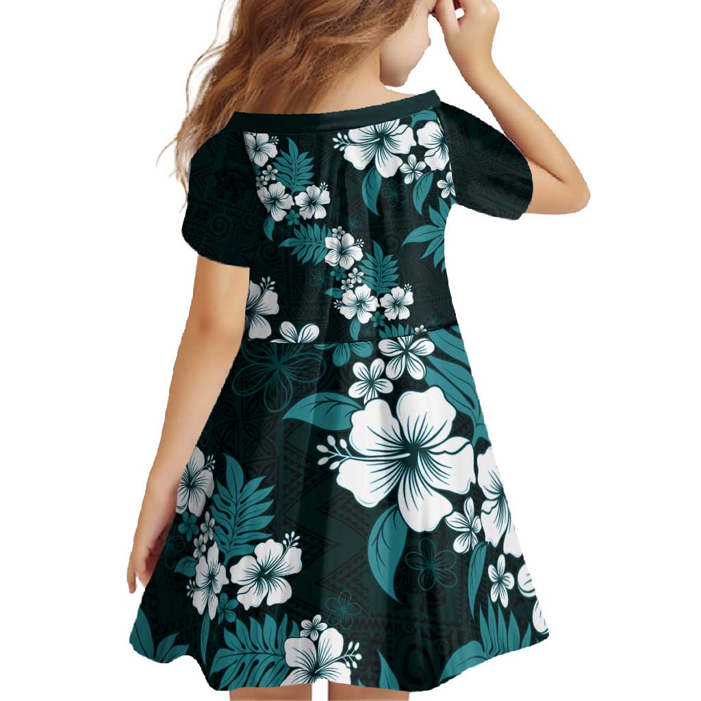 Hawaiian Hibiscus Tribal Floral Teal Family Matching Short Sleeve Bodycon Dress and Hawaiian Shirt Polynesian Tapa Pattern - Polynesian Pride