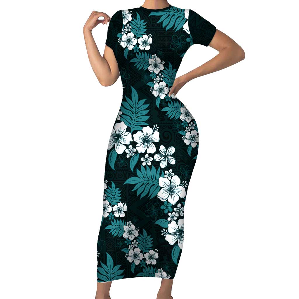 Hawaiian Hibiscus Tribal Floral Teal Family Matching Short Sleeve Bodycon Dress and Hawaiian Shirt Polynesian Tapa Pattern - Polynesian Pride