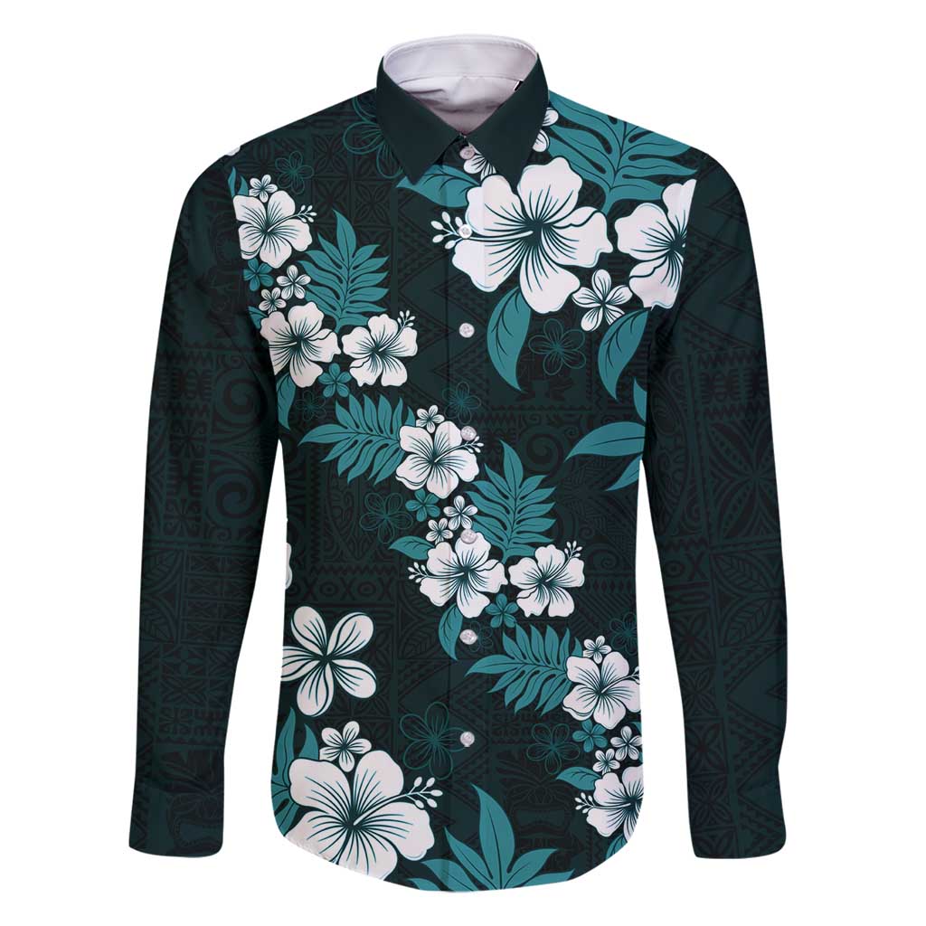 Hawaiian Hibiscus Tribal Floral Teal Family Matching Summer Maxi Dress and Hawaiian Shirt Polynesian Tapa Pattern LT01 Dad's Shirt - Long Sleeve Teal - Polynesian Pride