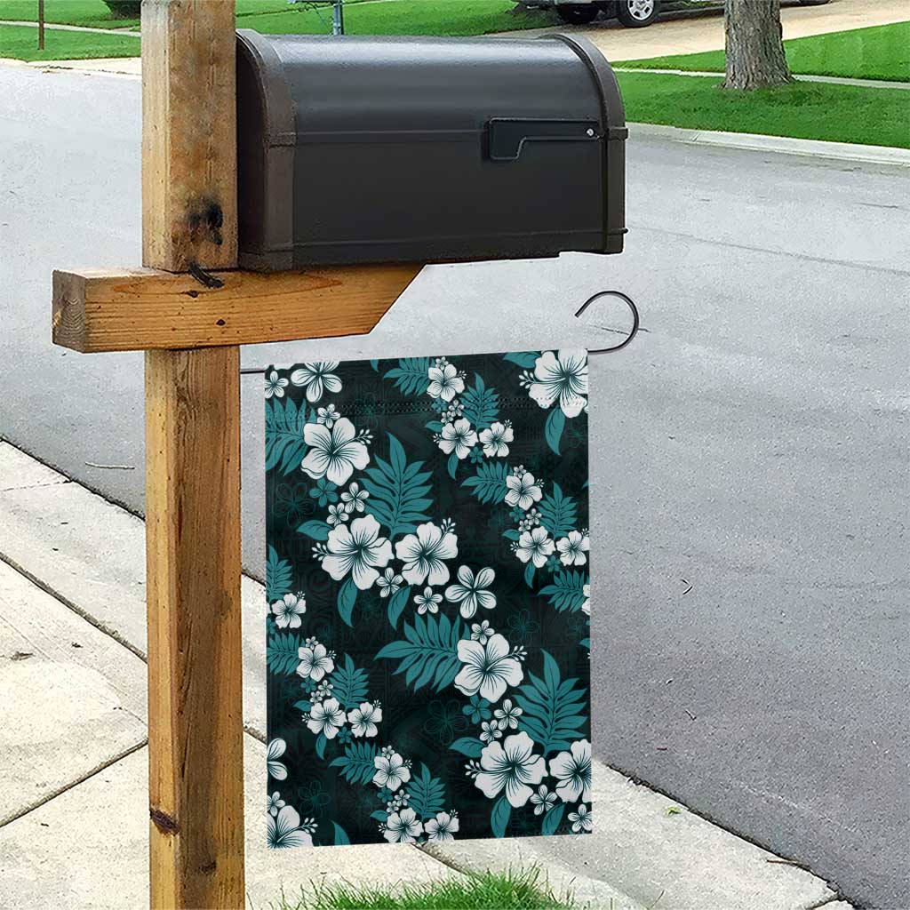 Hawaiian Hibiscus Tribal Floral Teal Garden Flag Polynesian Tapa Pattern - Polynesian Pride