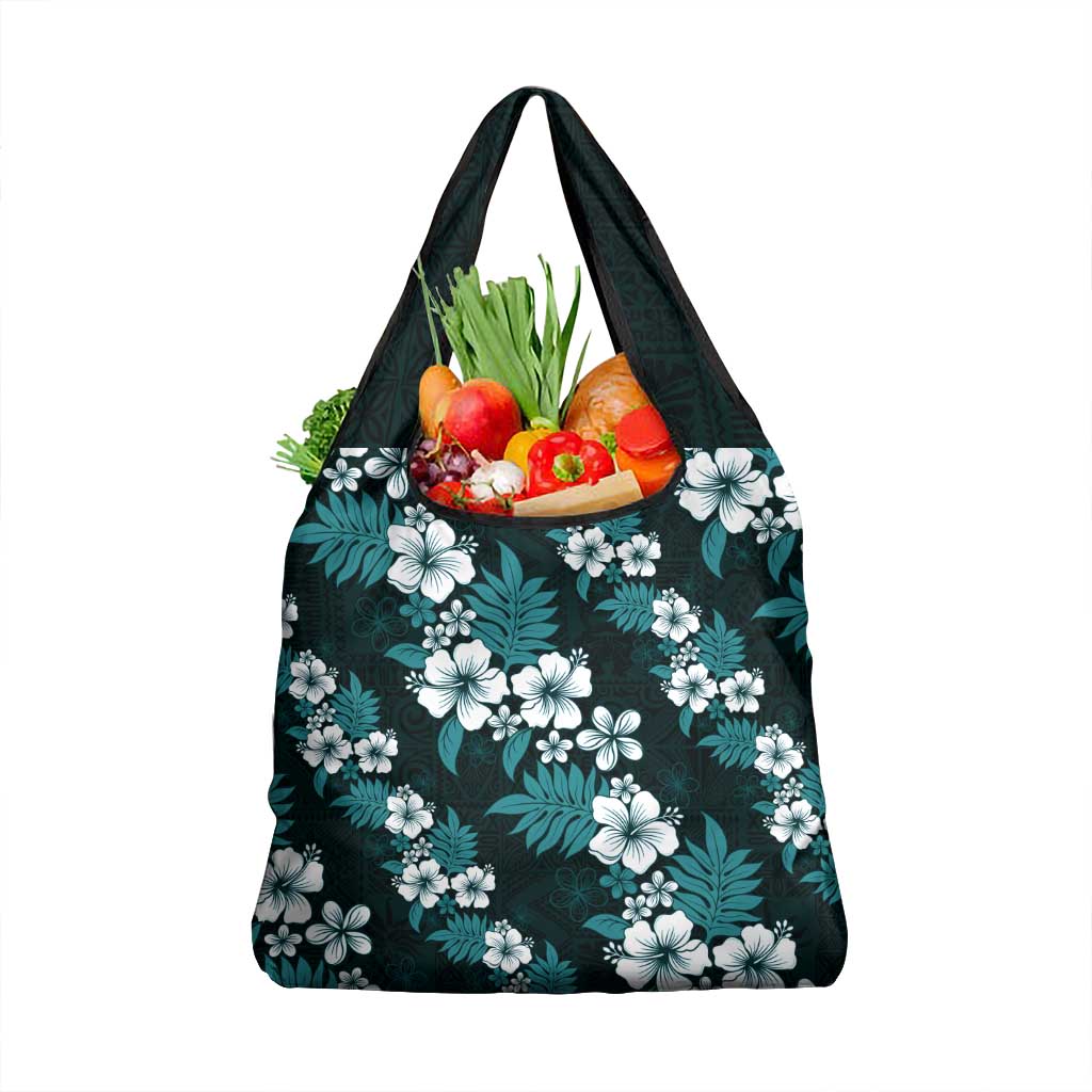 Hawaiian Hibiscus Tribal Floral Teal Grocery Bag Polynesian Tapa Pattern - Polynesian Pride