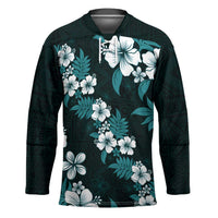 Hawaiian Hibiscus Tribal Floral Teal Hockey Jersey Polynesian Tapa Pattern - Polynesian Pride