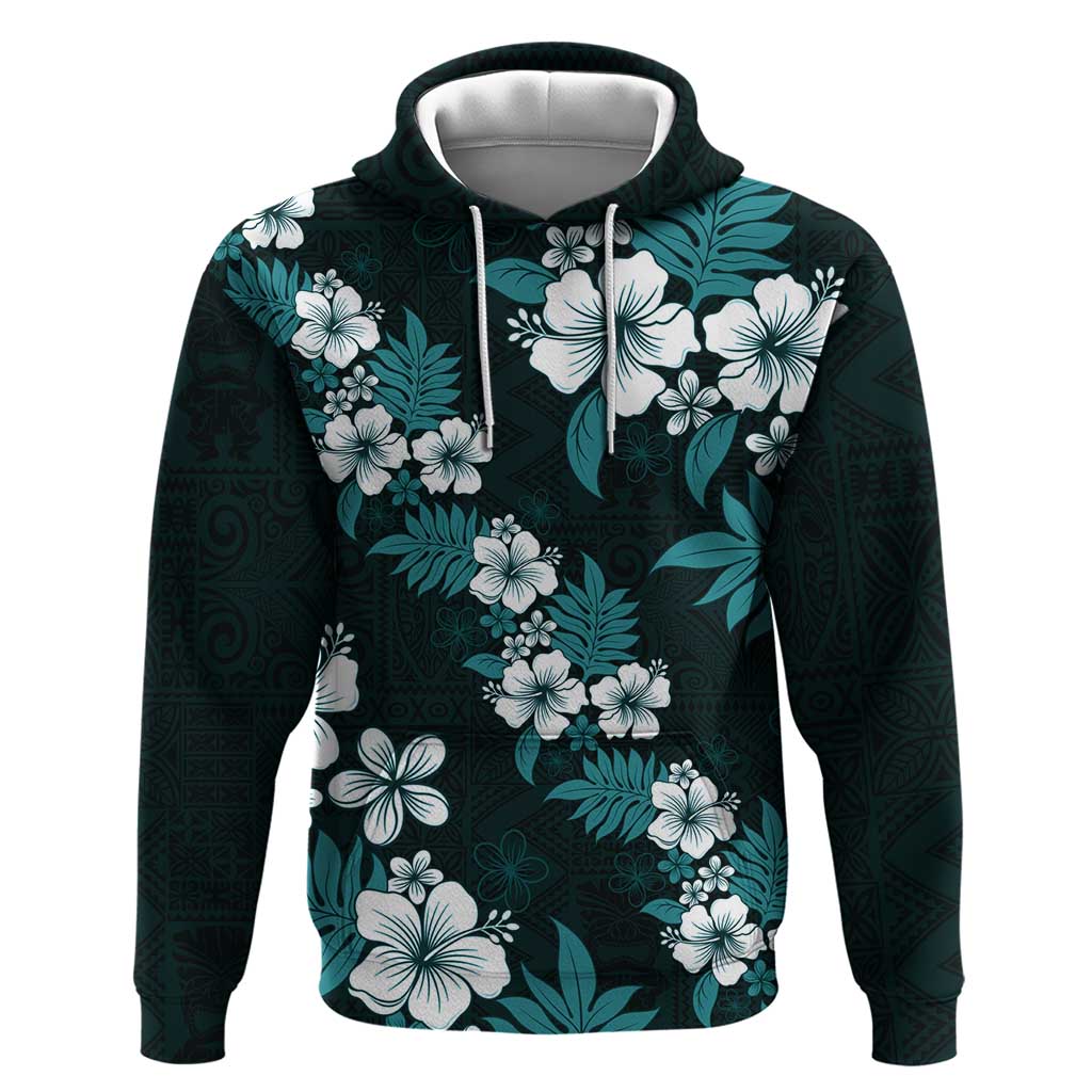 Hawaiian Hibiscus Tribal Floral Teal Hoodie Polynesian Tapa Pattern - Polynesian Pride