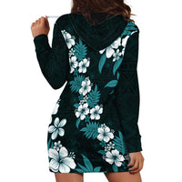 Hawaiian Hibiscus Tribal Floral Teal Hoodie Dress Polynesian Tapa Pattern - Polynesian Pride