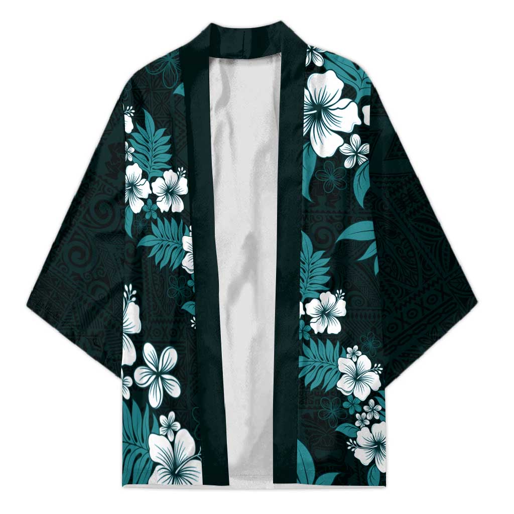 Hawaiian Hibiscus Tribal Floral Teal Kimono Polynesian Tapa Pattern - Polynesian Pride