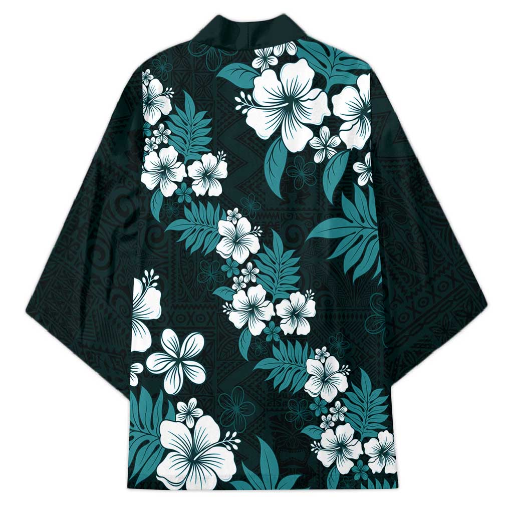 Hawaiian Hibiscus Tribal Floral Teal Kimono Polynesian Tapa Pattern - Polynesian Pride