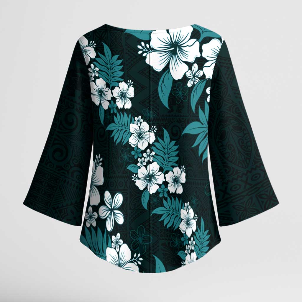 Hawaiian Hibiscus Tribal Floral Teal Kimono Sleeve Blouse Polynesian Tapa Pattern - Polynesian Pride