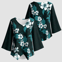 Hawaiian Hibiscus Tribal Floral Teal Kimono Sleeve Blouse Polynesian Tapa Pattern - Polynesian Pride