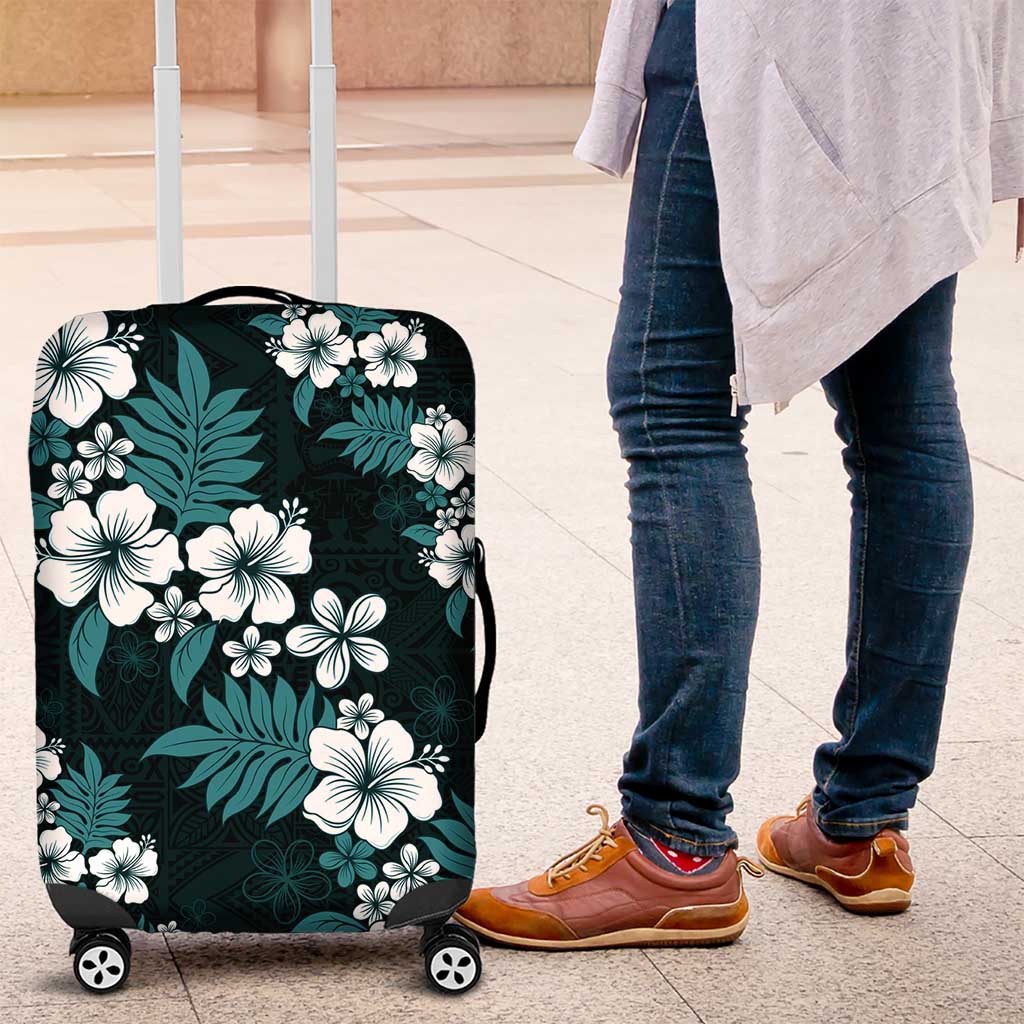 Hawaiian Hibiscus Tribal Floral Teal Luggage Cover Polynesian Tapa Pattern - Polynesian Pride