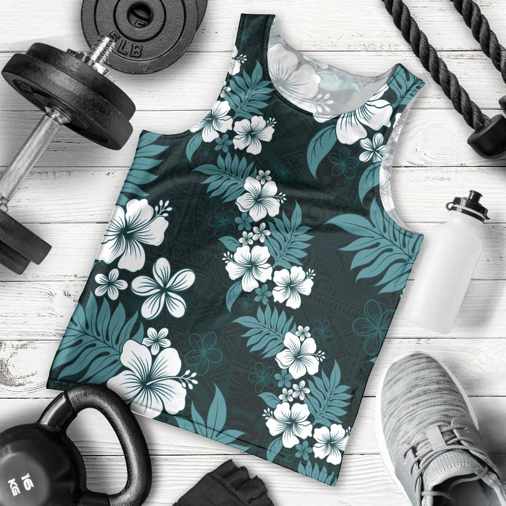 Hawaiian Hibiscus Tribal Floral Teal Men Tank Top Polynesian Tapa Pattern - Polynesian Pride