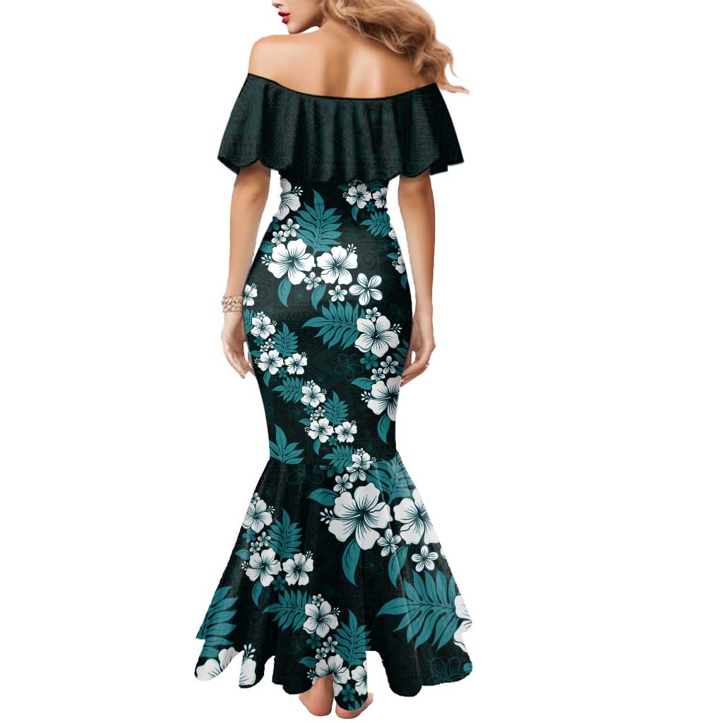 Hawaiian Hibiscus Tribal Floral Teal Mermaid Dress Polynesian Tapa Pattern - Polynesian Pride