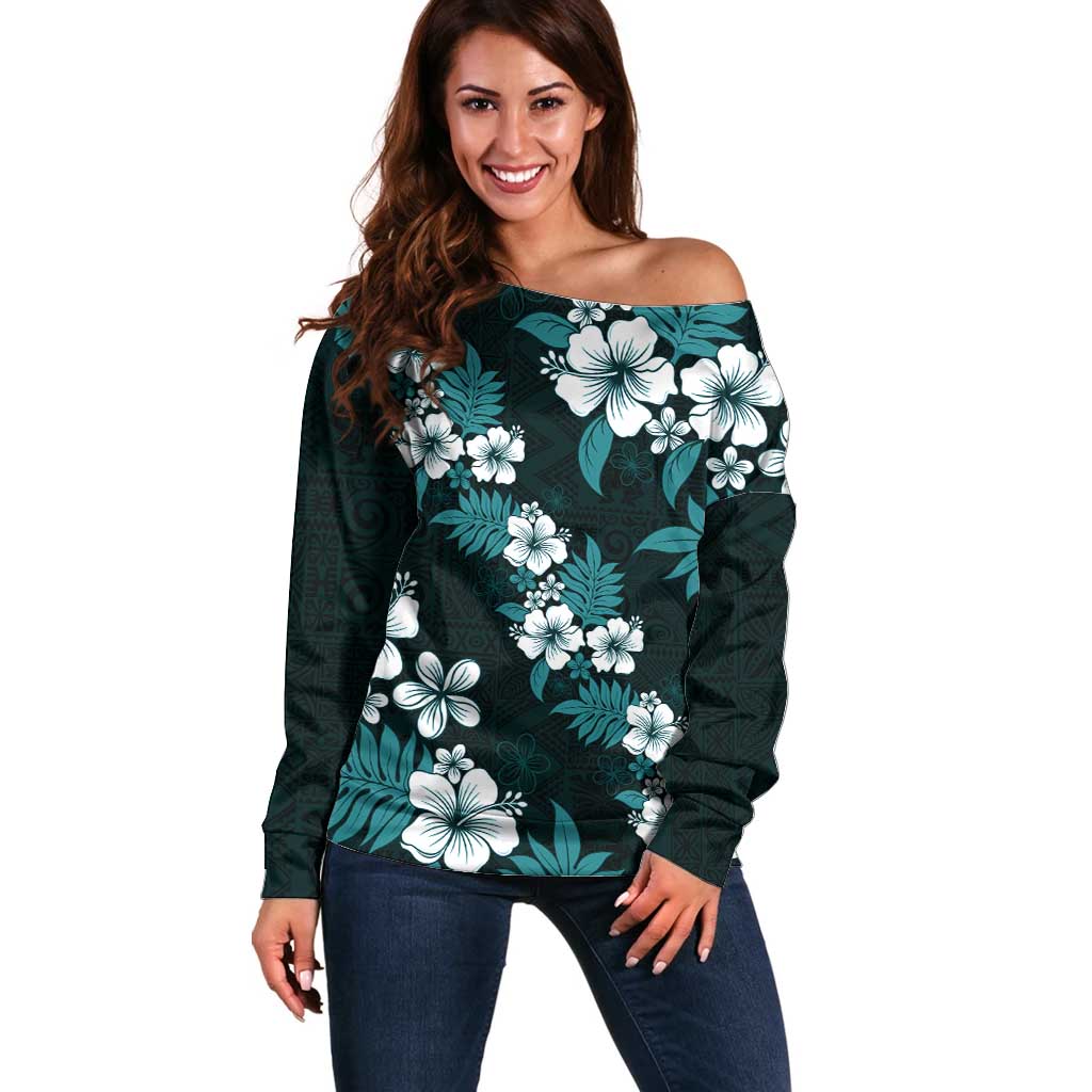 Hawaiian Hibiscus Tribal Floral Teal Off Shoulder Sweater Polynesian Tapa Pattern - Polynesian Pride