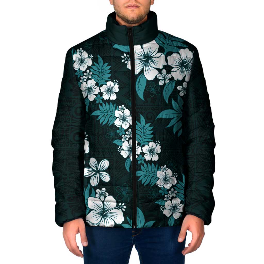 Hawaiian Hibiscus Tribal Floral Teal Padded Jacket Polynesian Tapa Pattern - Polynesian Pride