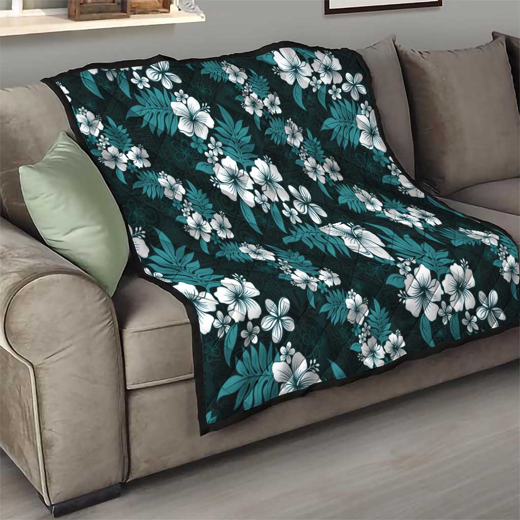 Hawaiian Hibiscus Tribal Floral Teal Quilt Polynesian Tapa Pattern - Polynesian Pride
