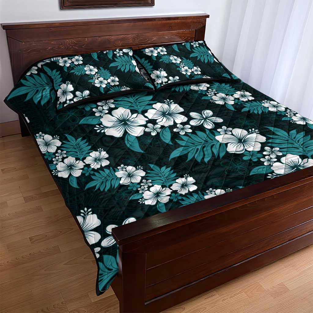 Hawaiian Hibiscus Tribal Floral Teal Quilt Bed Set Polynesian Tapa Pattern - Polynesian Pride