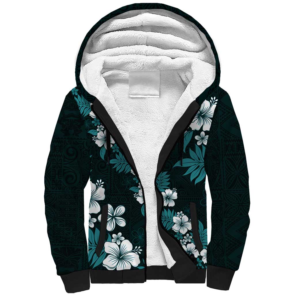 Hawaiian Hibiscus Tribal Floral Teal Sherpa Hoodie Polynesian Tapa Pattern - Polynesian Pride