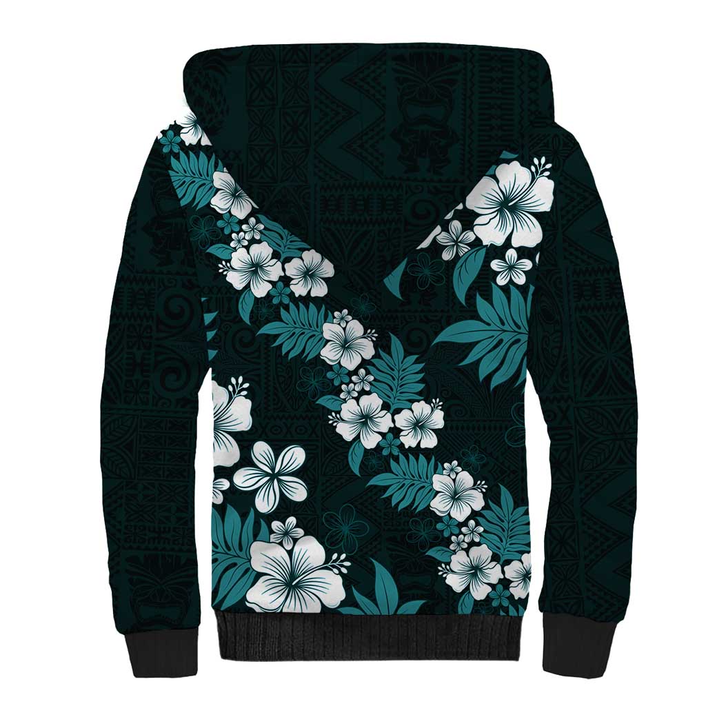Hawaiian Hibiscus Tribal Floral Teal Sherpa Hoodie Polynesian Tapa Pattern - Polynesian Pride