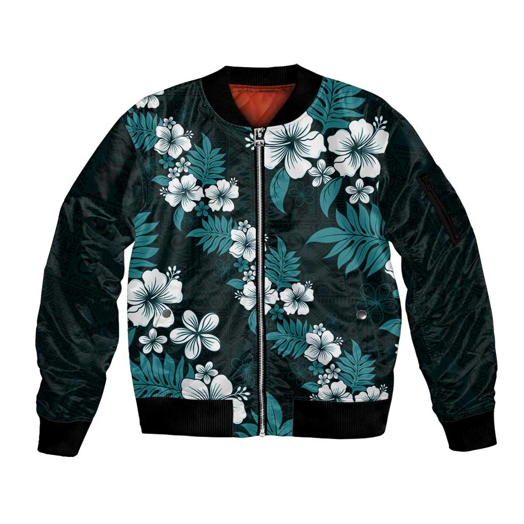 Hawaiian Hibiscus Tribal Floral Teal Sleeve Zip Bomber Jacket Polynesian Tapa Pattern - Polynesian Pride