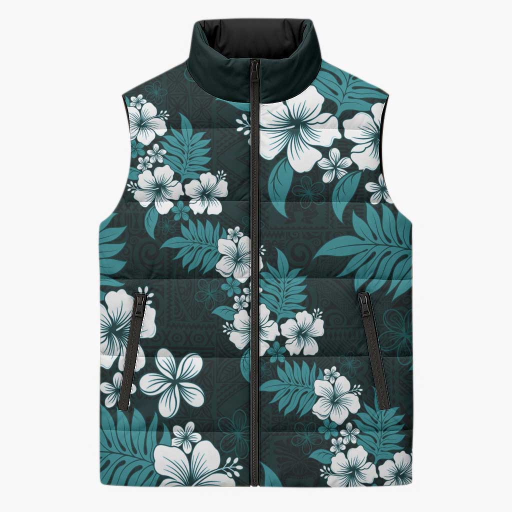 Hawaiian Hibiscus Tribal Floral Teal Sleeveless Puffer Jacket Polynesian Tapa Pattern - Polynesian Pride