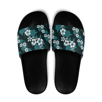 Hawaiian Hibiscus Tribal Floral Teal Slide Sandals Polynesian Tapa Pattern - Polynesian Pride