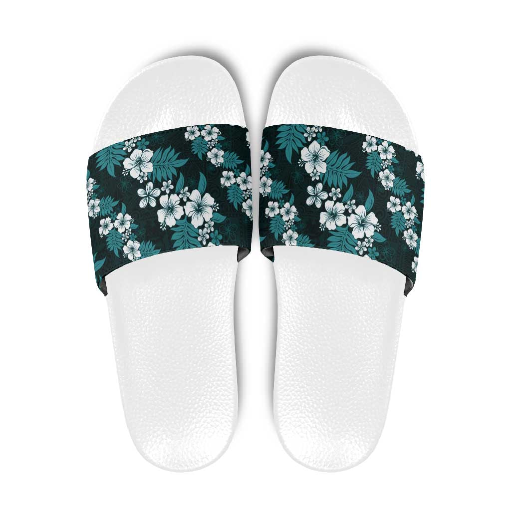 Hawaiian Hibiscus Tribal Floral Teal Slide Sandals Polynesian Tapa Pattern - Polynesian Pride