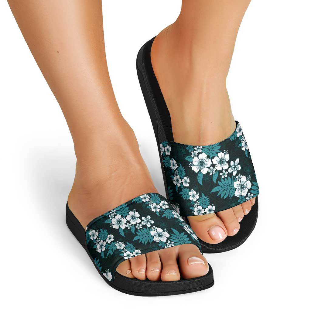 Hawaiian Hibiscus Tribal Floral Teal Slide Sandals Polynesian Tapa Pattern - Polynesian Pride