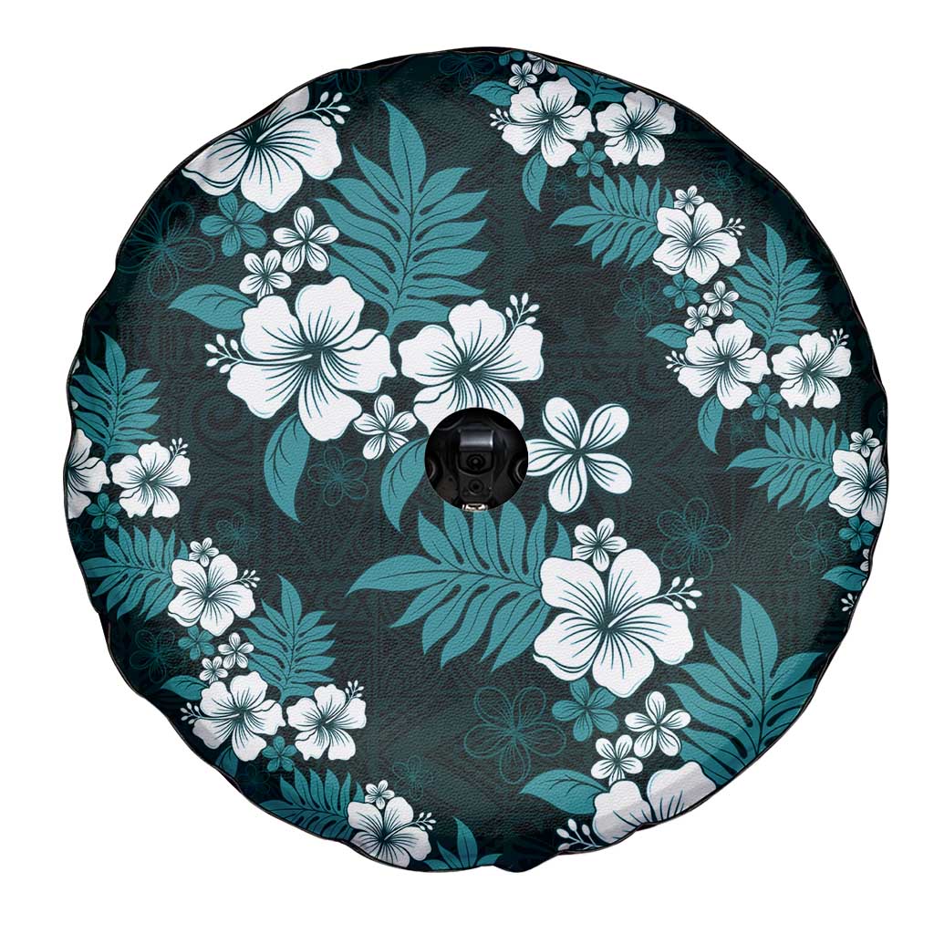 Hawaiian Hibiscus Tribal Floral Teal Spare Tire Cover Polynesian Tapa Pattern - Polynesian Pride
