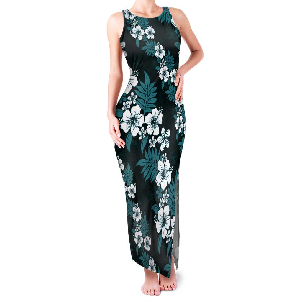 Hawaiian Hibiscus Tribal Floral Teal Tank Maxi Dress Polynesian Tapa Pattern - Polynesian Pride