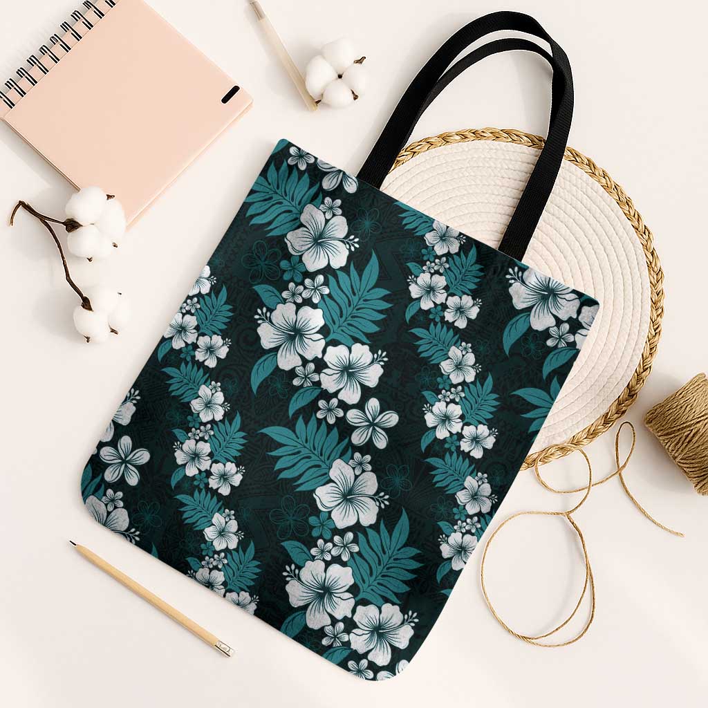 Hawaiian Hibiscus Tribal Floral Teal Tote Bag Polynesian Tapa Pattern - Polynesian Pride