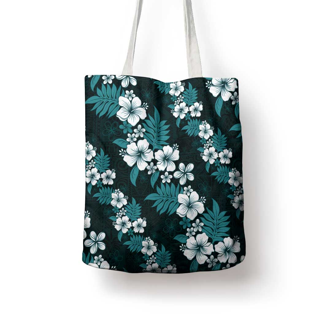 Hawaiian Hibiscus Tribal Floral Teal Tote Bag Polynesian Tapa Pattern - Polynesian Pride