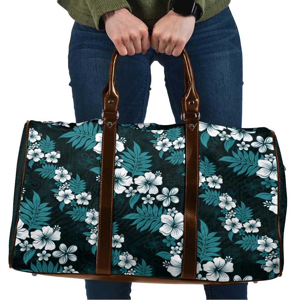 Hawaiian Hibiscus Tribal Floral Teal Travel Bag Polynesian Tapa Pattern - Polynesian Pride