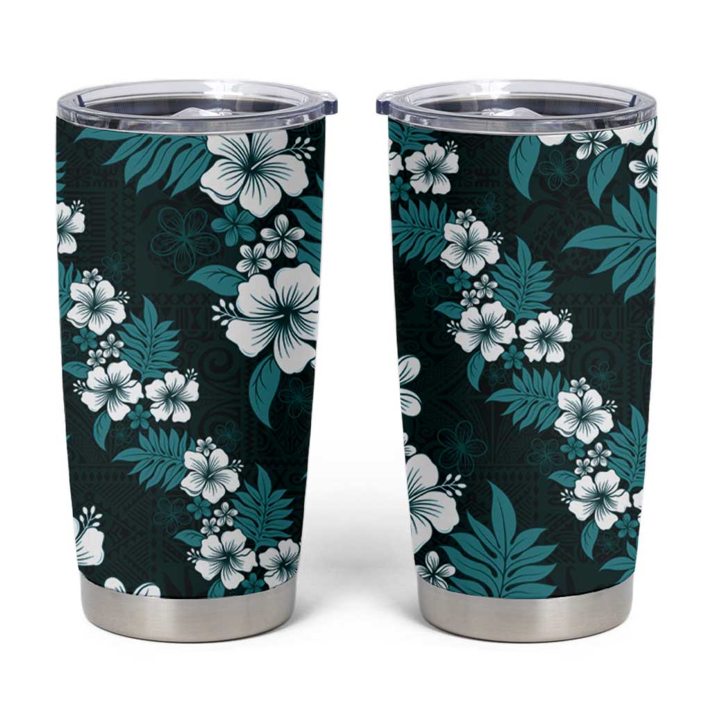 Hawaiian Hibiscus Tribal Floral Teal Tumbler Cup Polynesian Tapa Pattern - Polynesian Pride