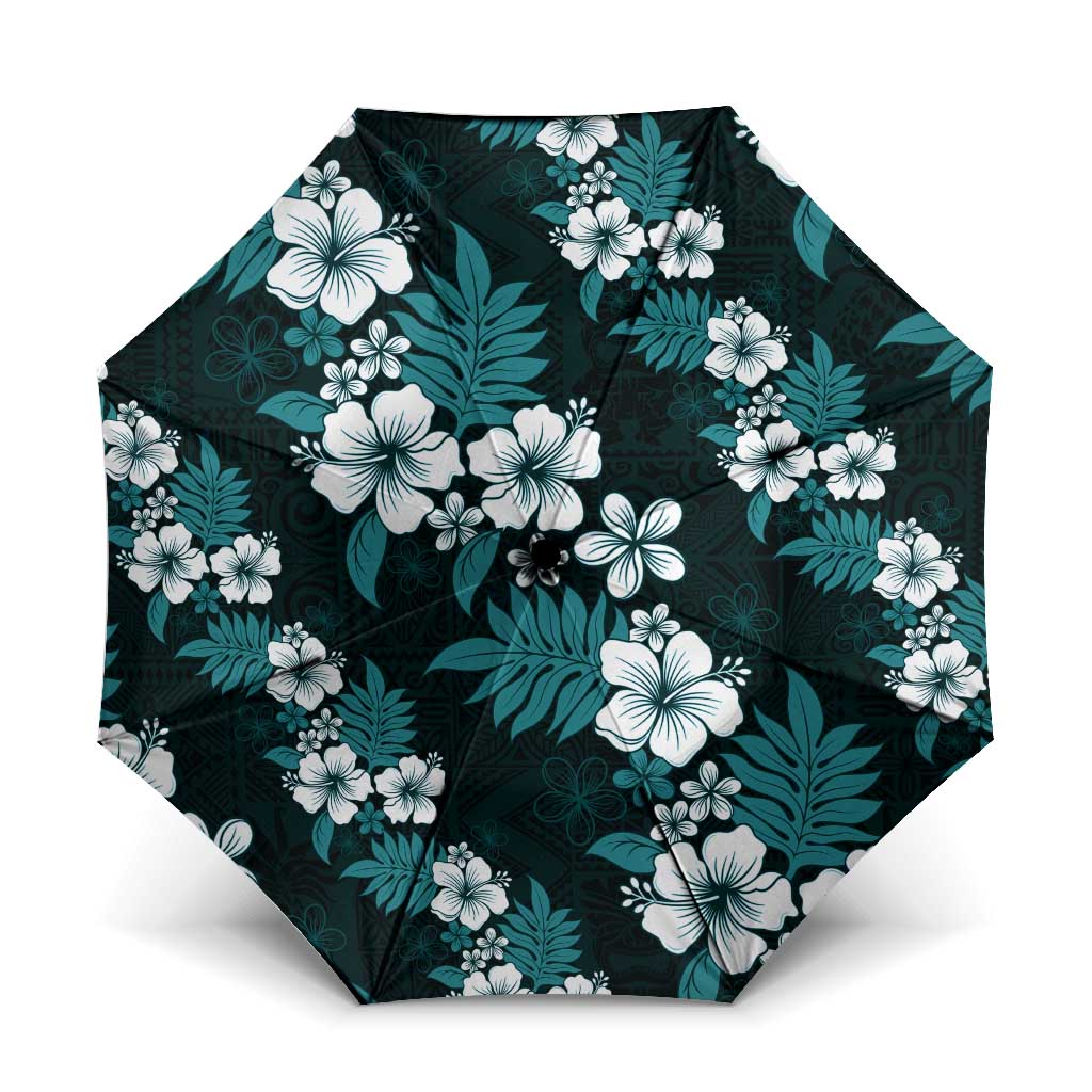 Hawaiian Hibiscus Tribal Floral Teal Umbrella Polynesian Tapa Pattern - Polynesian Pride