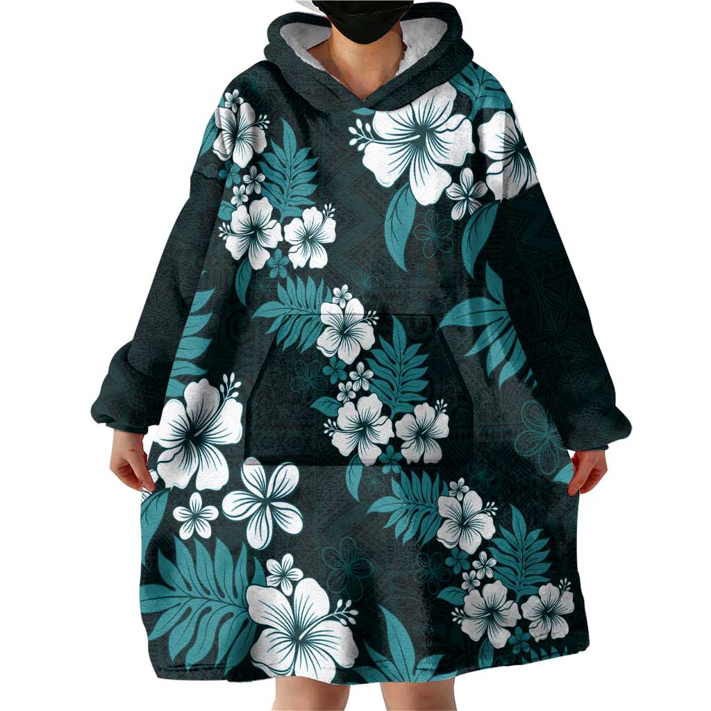 Hawaiian Hibiscus Tribal Floral Teal Wearable Blanket Hoodie Polynesian Tapa Pattern - Polynesian Pride