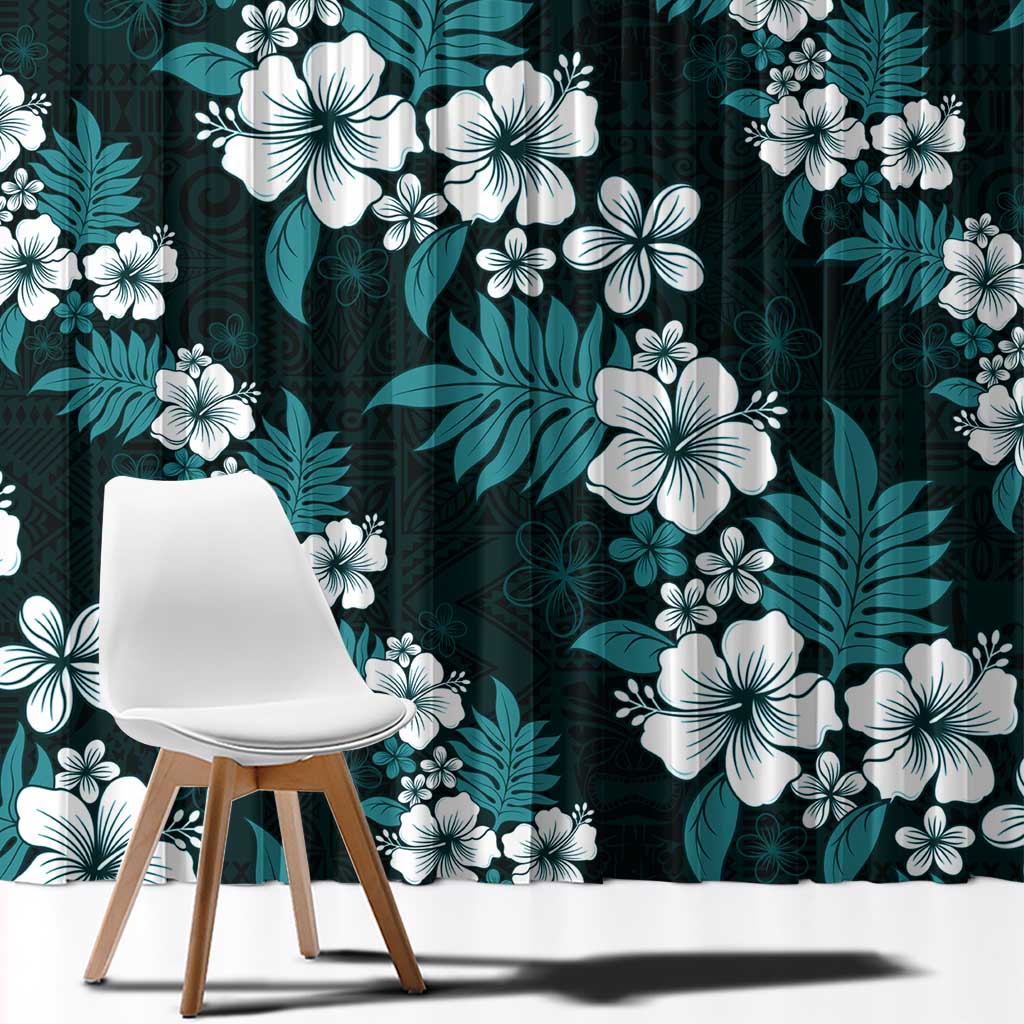 Hawaiian Hibiscus Tribal Floral Teal Window Curtain Polynesian Tapa Pattern - Polynesian Pride