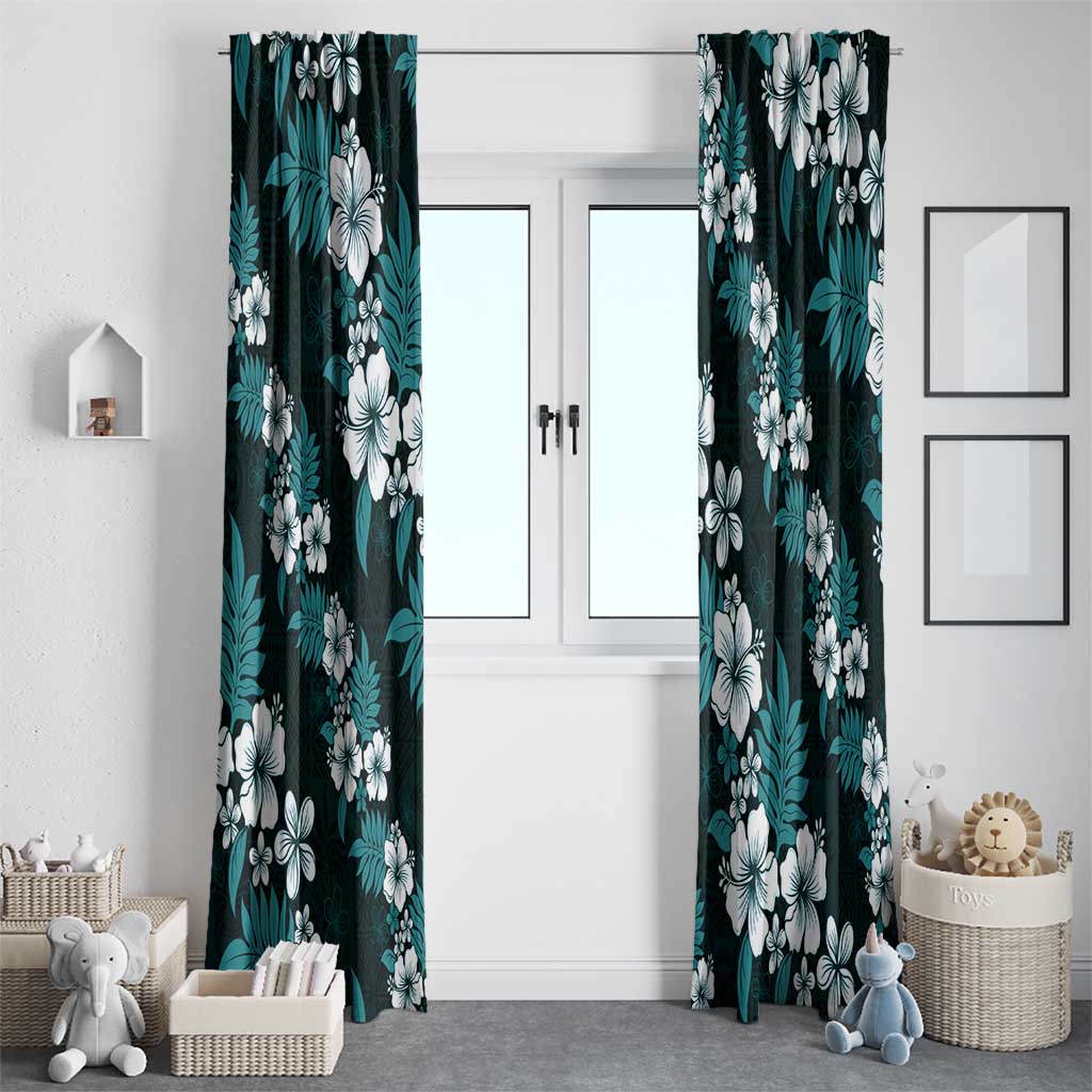 Hawaiian Hibiscus Tribal Floral Teal Window Curtain Polynesian Tapa Pattern - Polynesian Pride