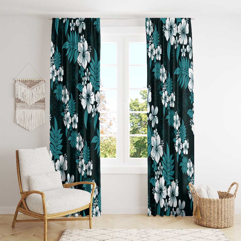 Hawaiian Hibiscus Tribal Floral Teal Window Curtain Polynesian Tapa Pattern - Polynesian Pride