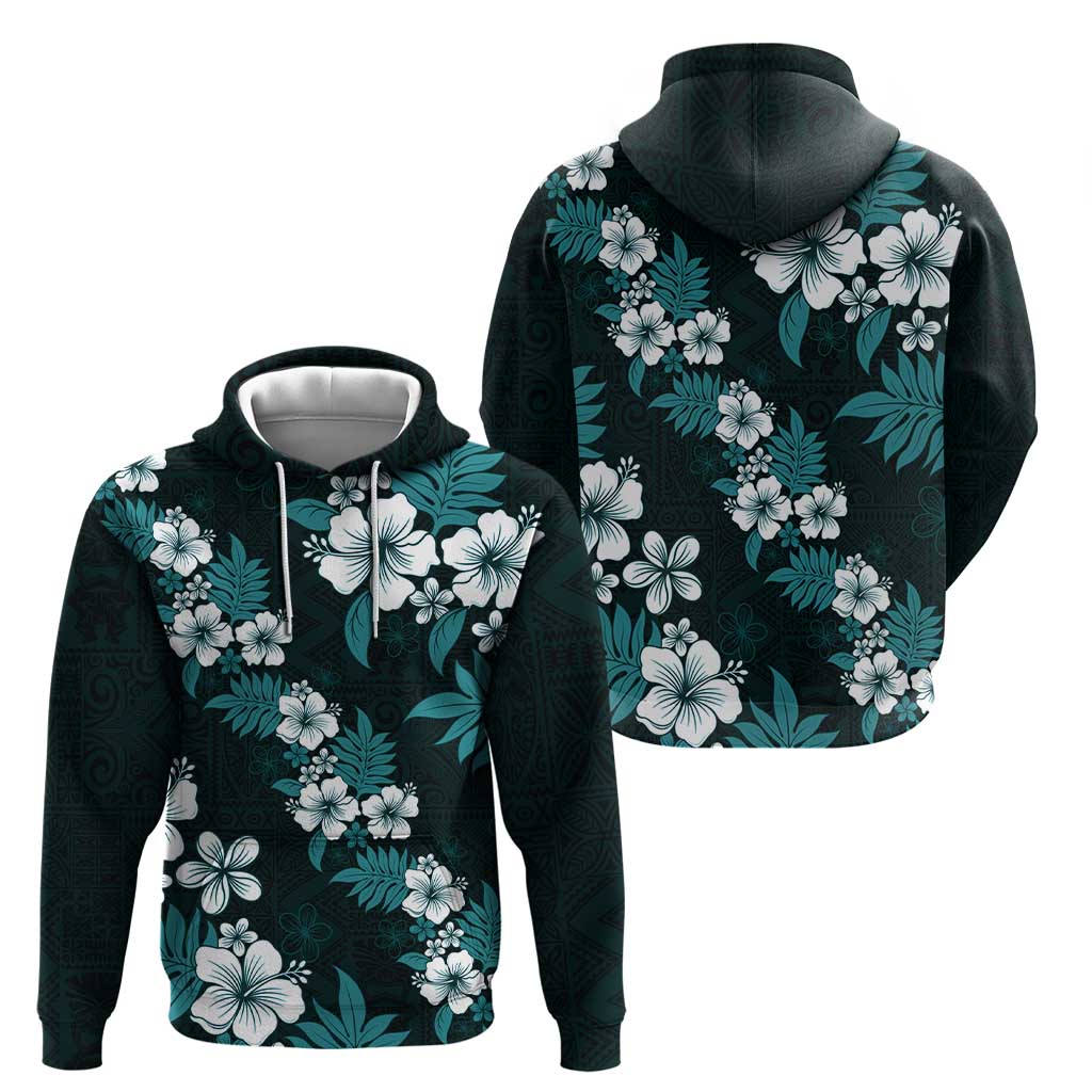 Hawaiian Hibiscus Tribal Floral Teal Zip Hoodie Polynesian Tapa Pattern - Polynesian Pride