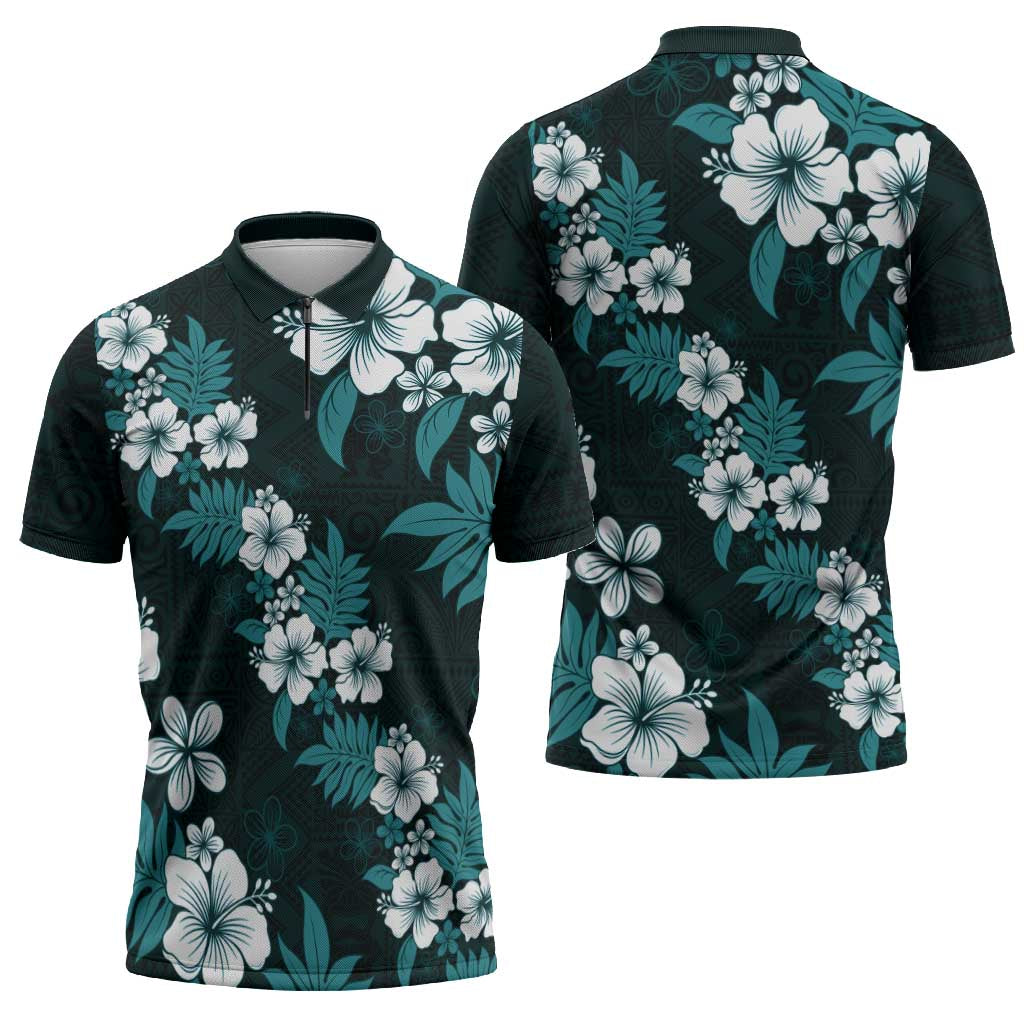 Hawaiian Hibiscus Tribal Floral Teal Zipper Polo Shirt Polynesian Tapa Pattern - Polynesian Pride