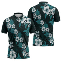 Hawaiian Hibiscus Tribal Floral Teal Zipper Polo Shirt Polynesian Tapa Pattern - Polynesian Pride