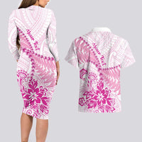 Personalised New Zealand Pink Fern Breast Cancer Couples Matching Long Sleeve Bodycon Dress and Hawaiian Shirt Polynesian Pattern