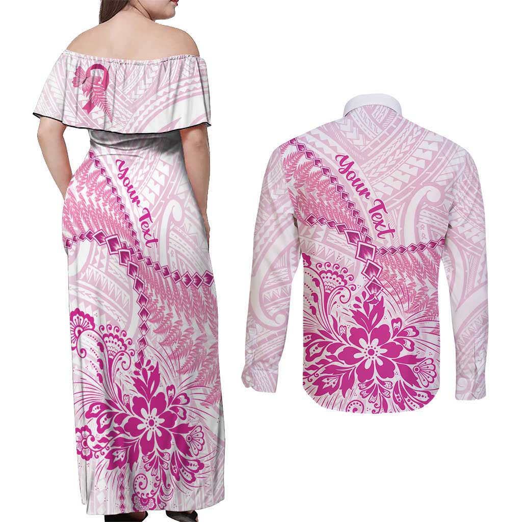 Personalised New Zealand Pink Fern Breast Cancer Couples Matching Off Shoulder Maxi Dress and Long Sleeve Button Shirt Polynesian Pattern LT01 - Polynesian Pride