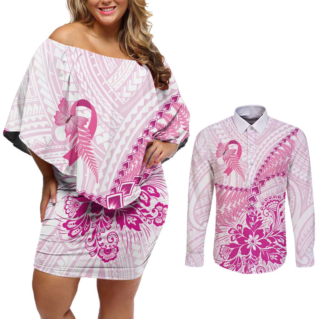 Personalised New Zealand Pink Fern Breast Cancer Couples Matching Off Shoulder Short Dress and Long Sleeve Button Shirt Polynesian Pattern LT01 Pink - Polynesian Pride