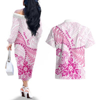 Personalised New Zealand Pink Fern Breast Cancer Couples Matching Off The Shoulder Long Sleeve Dress and Hawaiian Shirt Polynesian Pattern