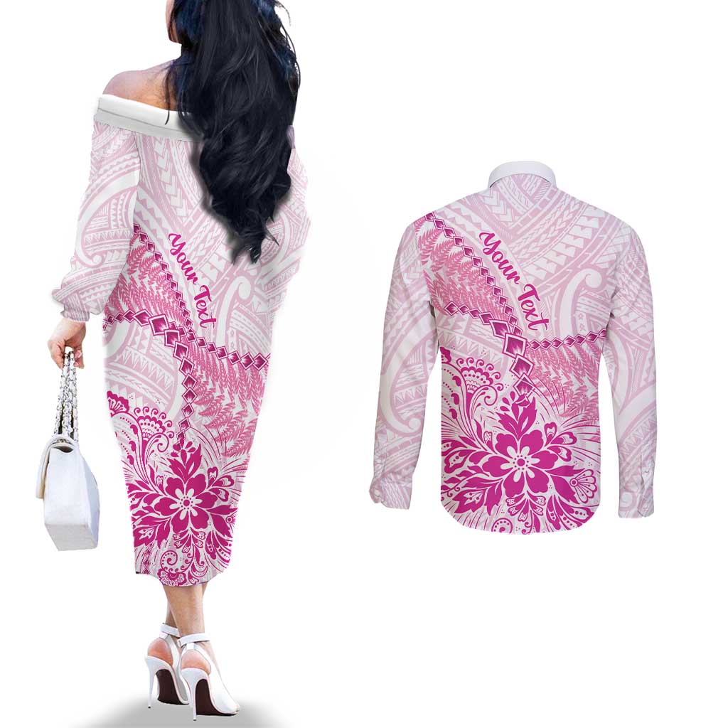 Personalised New Zealand Pink Fern Breast Cancer Couples Matching Off The Shoulder Long Sleeve Dress and Long Sleeve Button Shirt Polynesian Pattern LT01 - Polynesian Pride