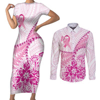 Personalised New Zealand Pink Fern Breast Cancer Couples Matching Short Sleeve Bodycon Dress and Long Sleeve Button Shirt Polynesian Pattern LT01 Pink - Polynesian Pride